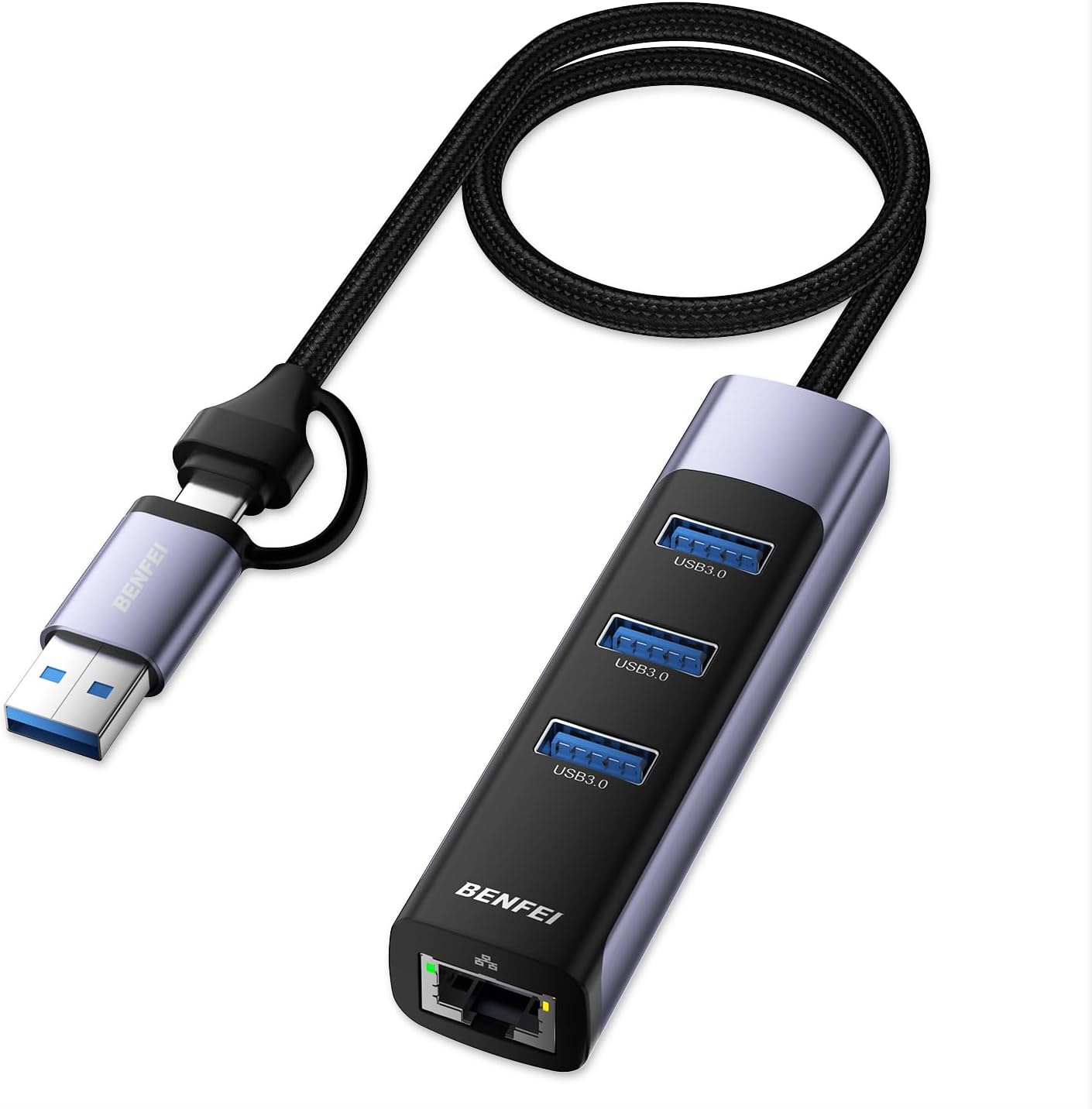 BENFEI 2in1 USB C/3.0 有線LANアダプタ、3 USB ポート イーサネットアダプター 10/100/1000Mbps RJ45 ギガビット iPhone 15 Pro/Max, MacBook Pro/Air 2023, iPad Pro, iMac, S23, XPS 17 などに対応