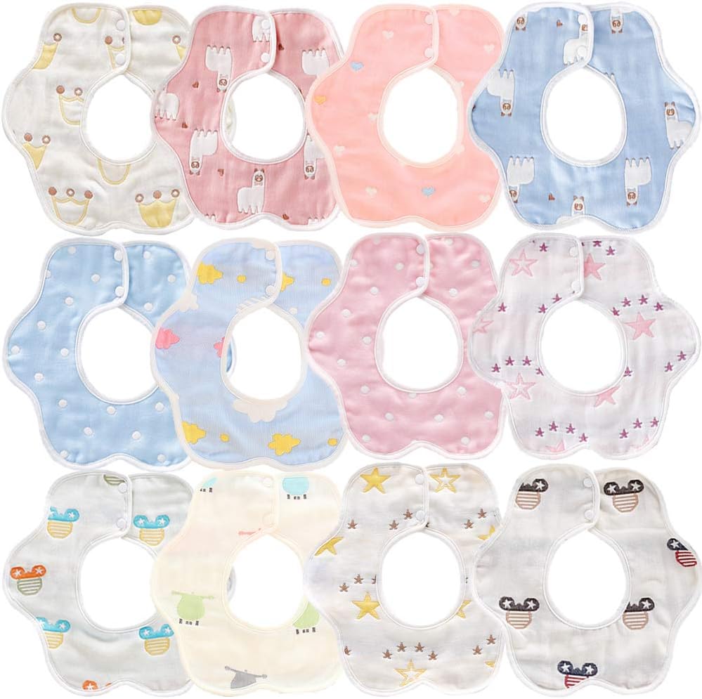 [iWheat] 6層ガーゼ ベビー 綿100％ ビブ よだれかけ スタイ 新生児 調整可能 食事用 出産のお祝いギフト 柔らかい 12枚