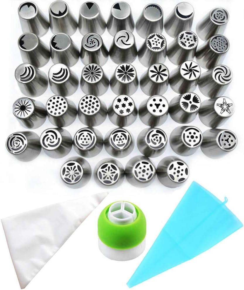 ロシア口金 39個セット ステンレス 絞り口金 取り替えキャップ 絞り袋付き 花口金 葉口金 ケーキデコレーション用 モンブラン アイシング フォンダンデコレーション お菓子作り 手作り