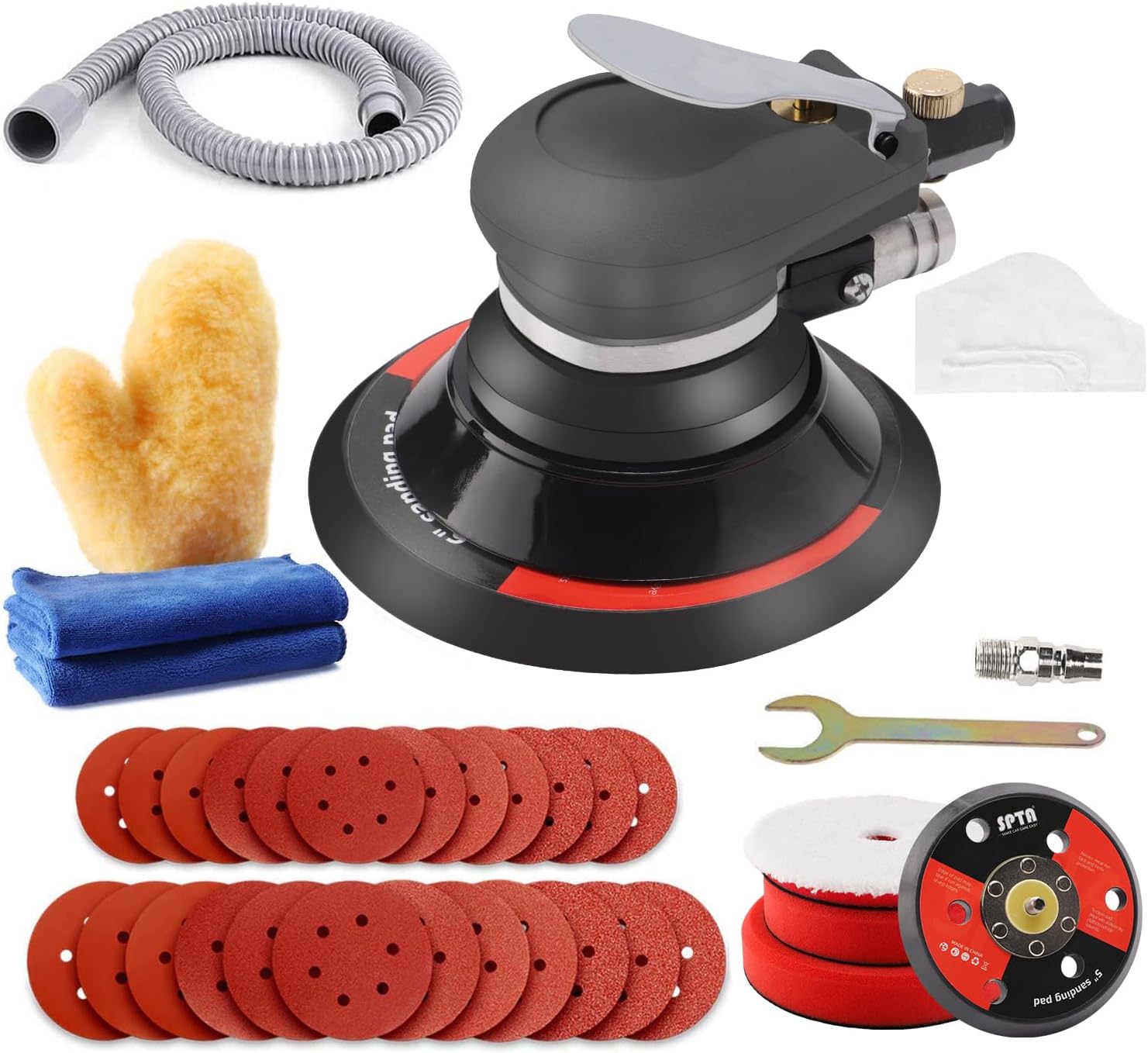 SPTA エアサンダー高速空気圧サンディングマシン５インチと6インチエアアングルサンダー研磨機 ハンドサンディングツール、洗車や研磨用 ダブルアクション 車 ポリッシャー １２枚セット５インチと６インチのサンドペッパー（80番 120番目 240番目 320番目各3枚含めています）